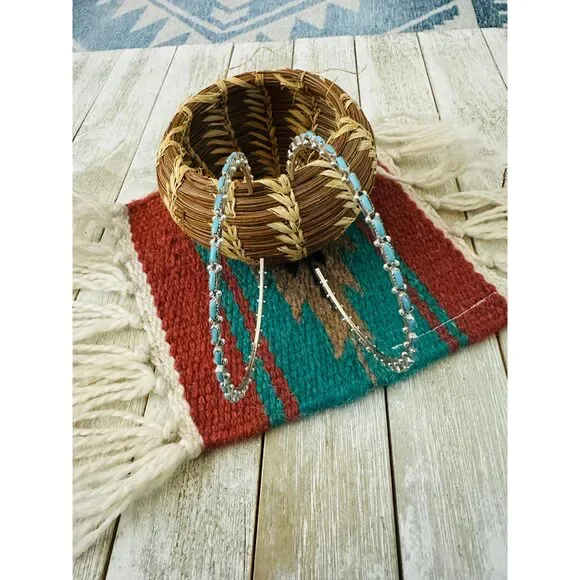 Handcrafted Turquoise & Sterling Silver Needlepoint Hoop Earrings